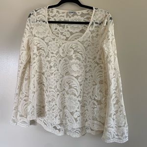 New Express | Cream Lace Bell Sleeve Scoop Neck Sheer Long Sleeve Blouse, S